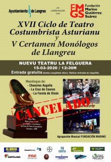 Suspensión gala de entrega de premios XVIII Ciclo de Teatro Costumbrista y V Certamen de Monólogos