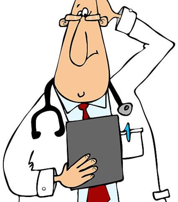 This illustration depicts a doctor wearing a lab coat looking at a clipboard and scratching his head.